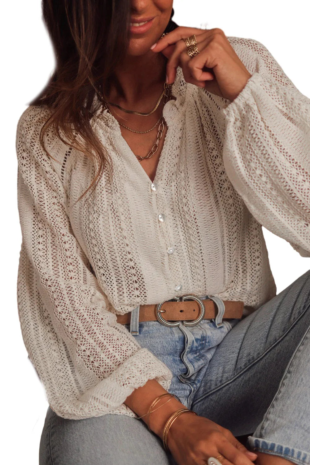 White Lace Hollow out Puff Sleeve Button up Shirt - Chic Meadow Boutique 