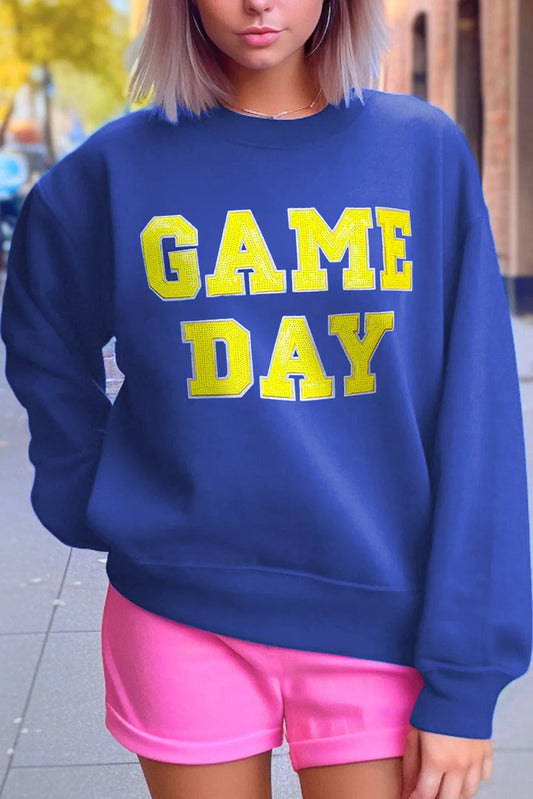 Dark Blue Game Day Crew Neck Graphic Pullover Sweatshirt - Chic Meadow Boutique 