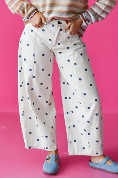 Blue Tailored Seam Polka Dot Print Ankle Length Casual Jeans