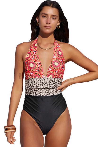 Retro Floral Leopard Stripes Deep V Neck One-piece Swimwear - Chic Meadow Boutique 