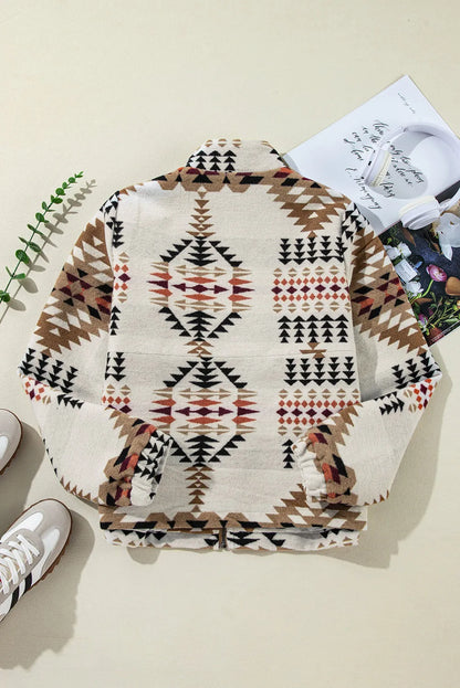 Beige Aztec Printed Stand Neck Zip Up Jacket - Chic Meadow Boutique 