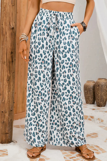 White Leopard Print Pocketed Wide Leg Pants - Chic Meadow Boutique 