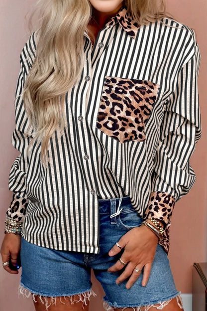 Black Striped Leopard Print Patchwork Button Up Womens Shirt