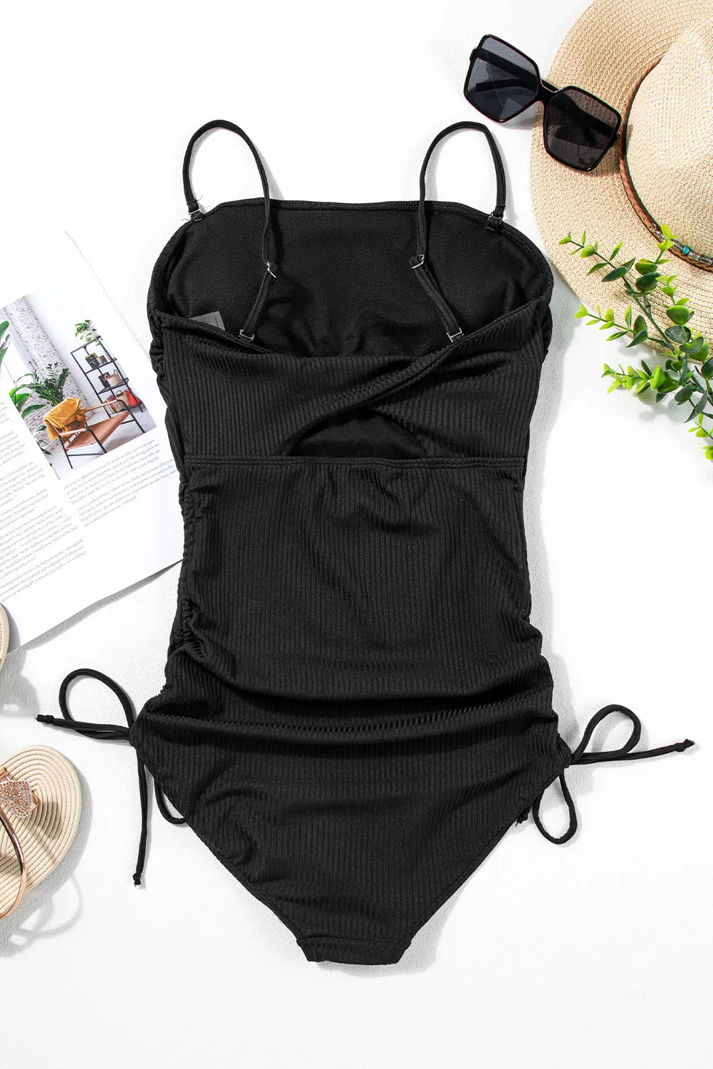 Black Ribbed Drawstring Sides Cutout One Piece Swimsuit - Chic Meadow Boutique 