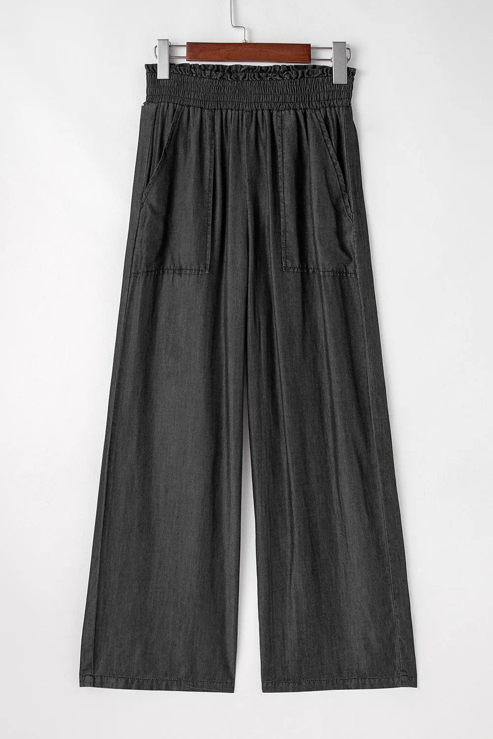 Black Side Pockets Frilled Smocked High Waist Wide Leg Jeans - Chic Meadow Boutique 