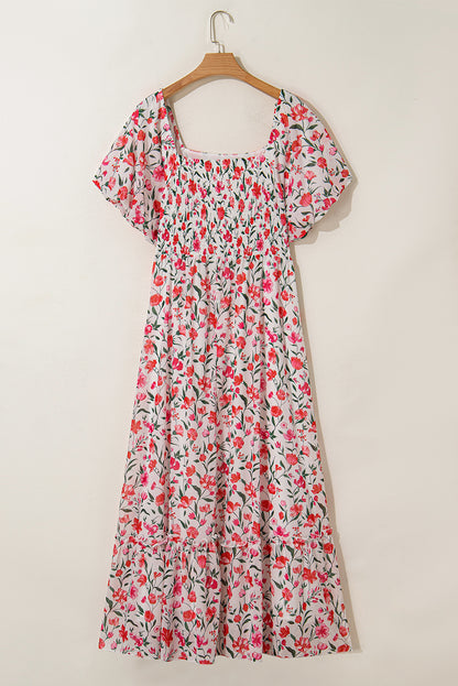 Pink Plus Size Floral Square Neck Puff Sleeve Ruffle Maxi Dress