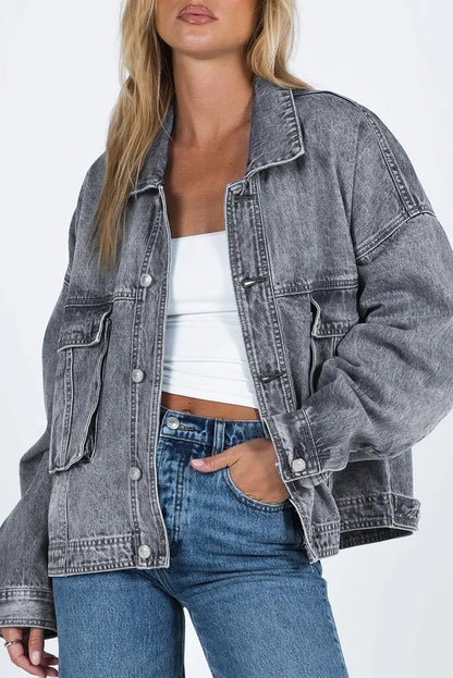 Gray Chest Pockets Drop Shoulder Loose Denim Jacket - Chic Meadow Boutique 