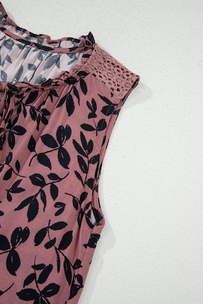 Brown Leaf Print Lace-up V Neck Crinckled Tank Top