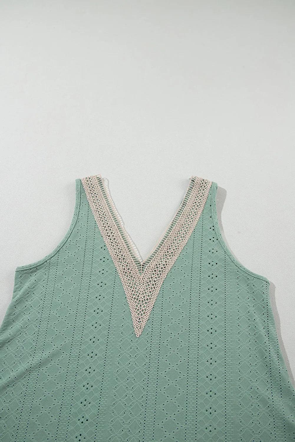 Tops/Tank Tops Mist Green Lace Crochet Splicing V Neck Loose Fit Tank Top