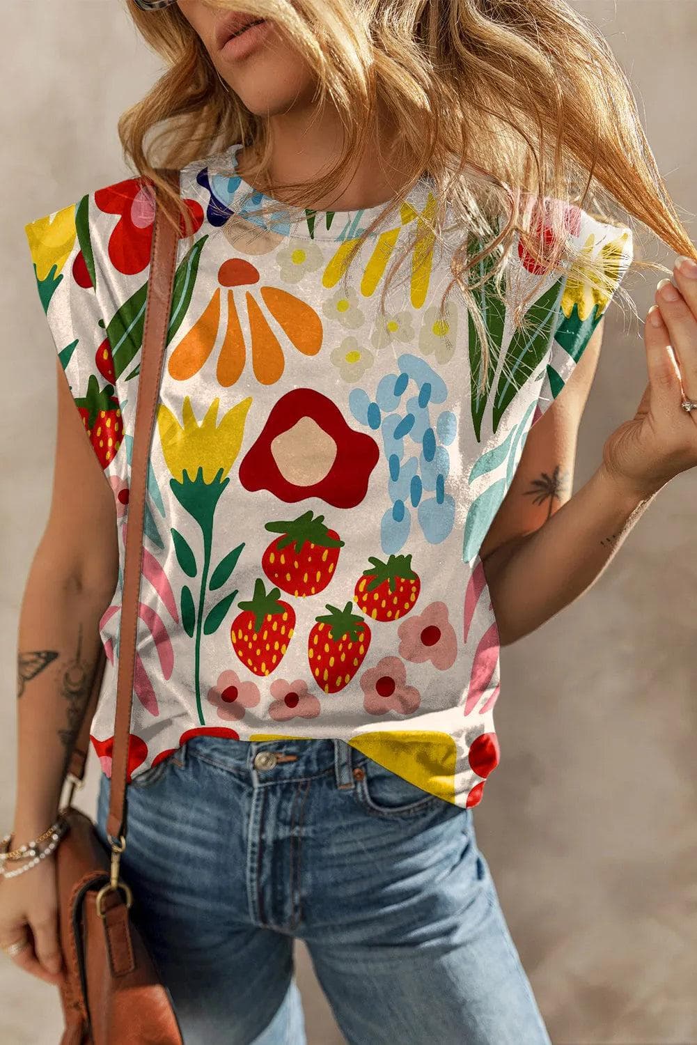 Tops/Tops & Tees Khaki / S / 95%Polyester+5%Elastane Khaki Flower Print Round Neck Cap Sleeve T Shirt