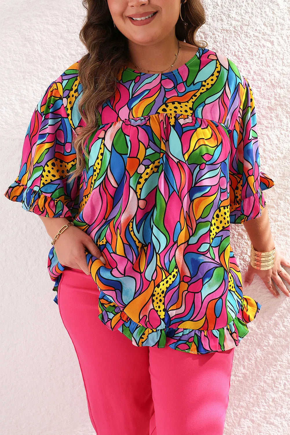 Rose Abstract Print Plus Size Frilly Trim Blouse - Chic Meadow Boutique 