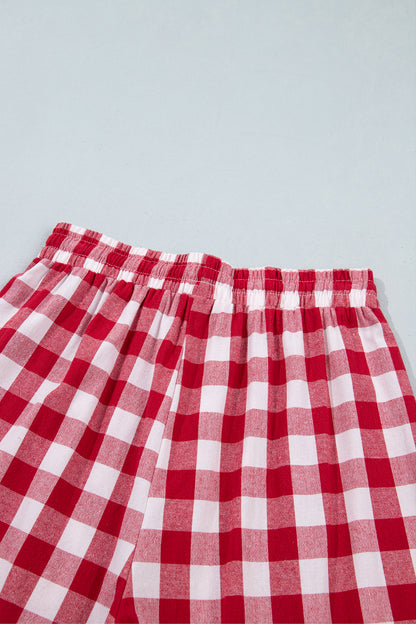Red Gingham Plaid Tie Elastic Waist Shift Pants