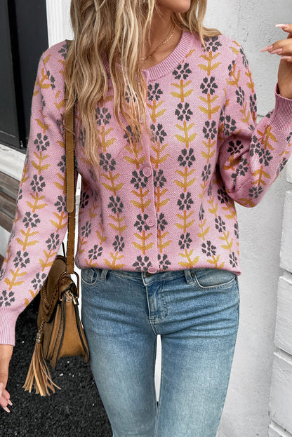 Pink Floral Button Down Ribbed Banded Cardigan Sweater