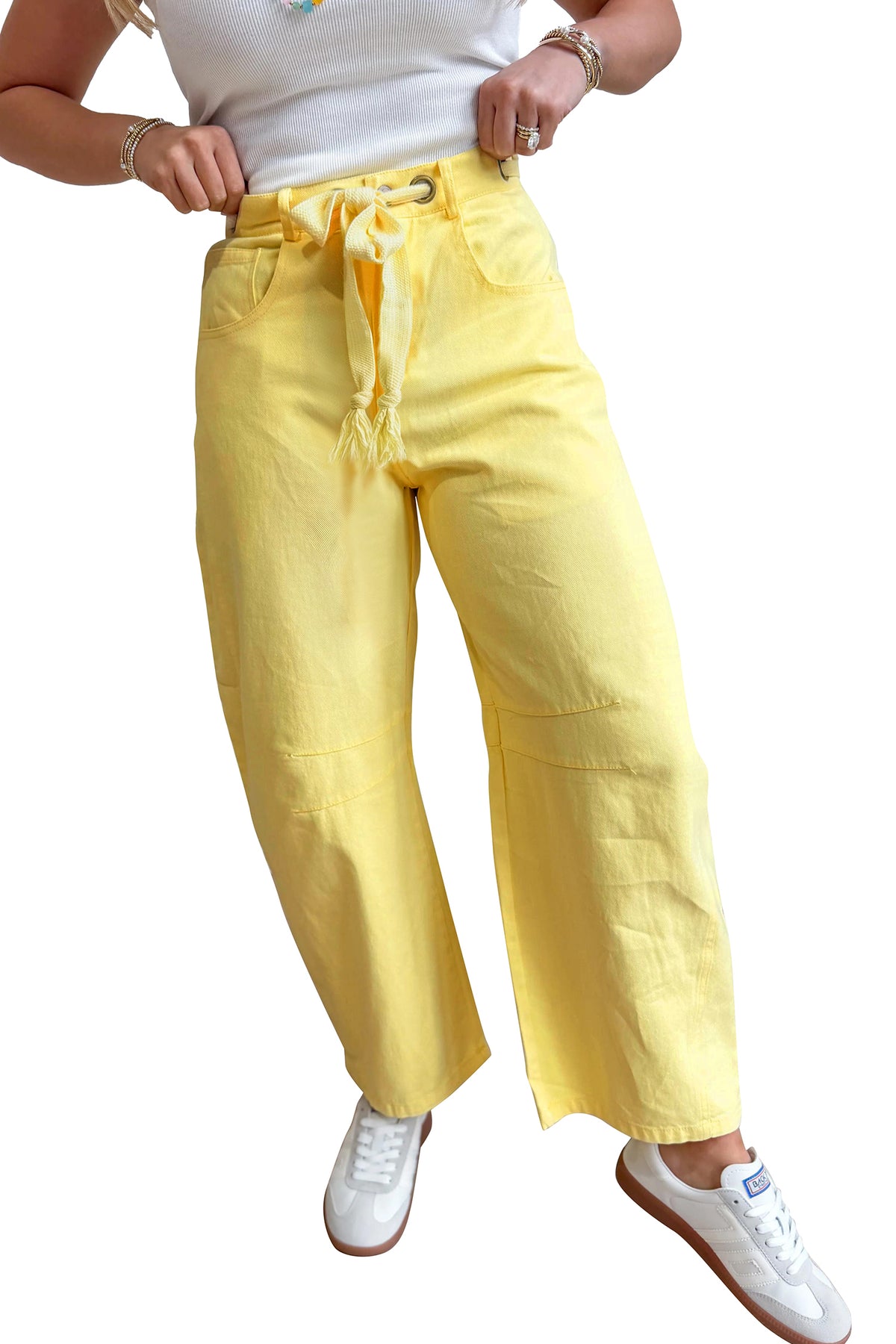 Yellow Solid Color Grommet Detail Knot Waist Barrel Jeans