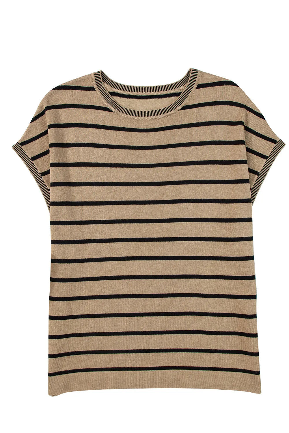 Khaki Stripe Knitted Bat Sleeve T Shirt - Chic Meadow Boutique 