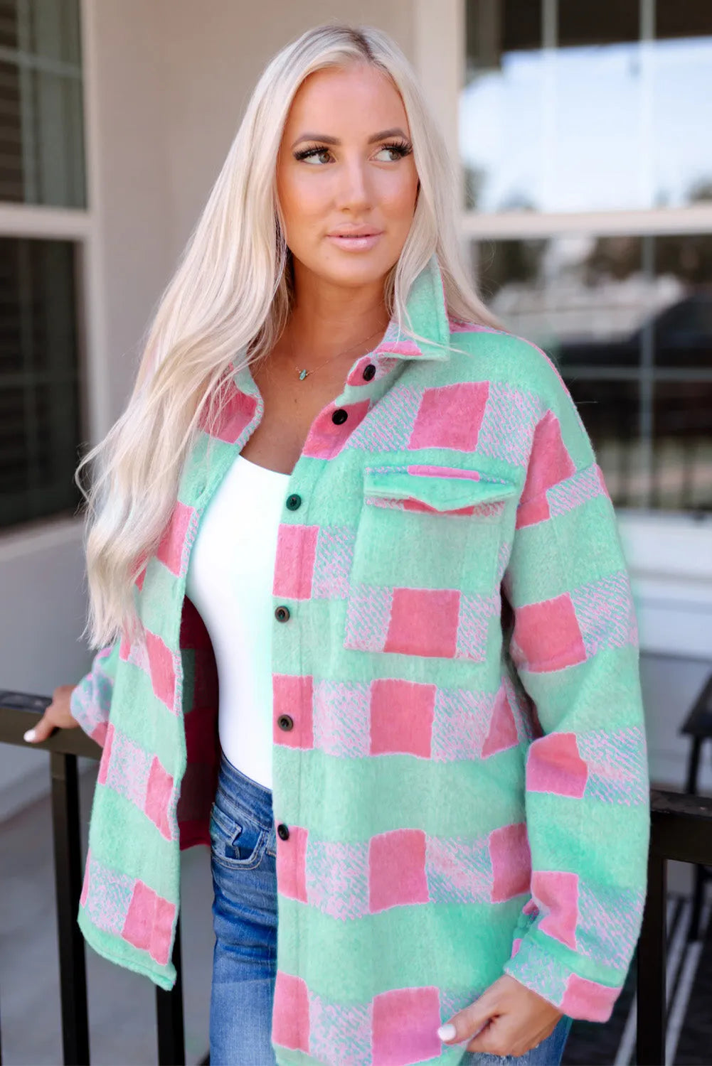 Pink Plaid Pattern Oversized Shacket - Chic Meadow Boutique 