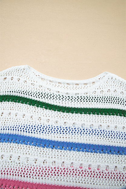 White Color Block Striped Pointelle Knit Sweater