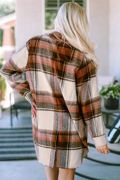 Outerwear/Plaid Shackets Brown Plaid Print Flap Pockets Long Shacket