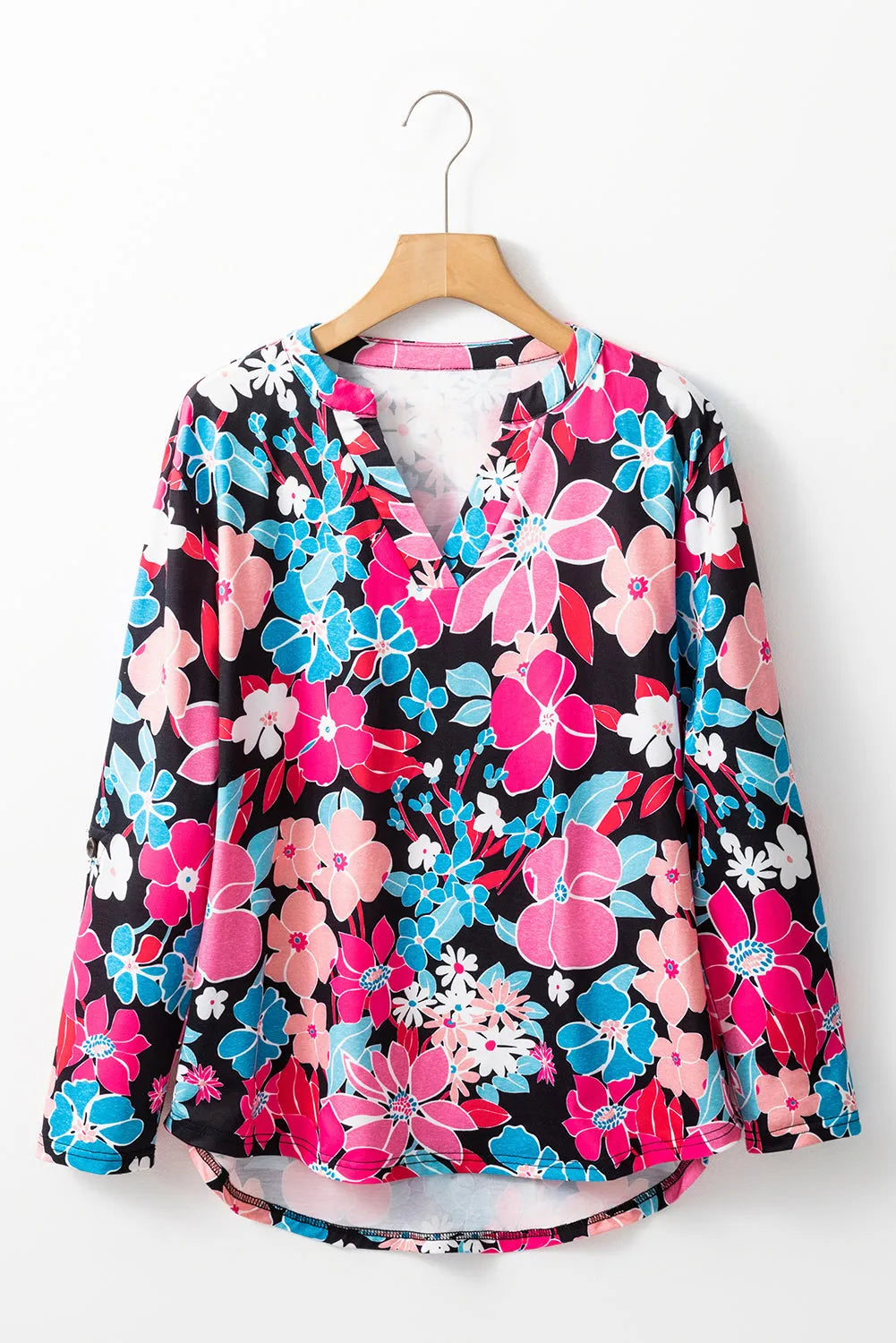 Pink Floral V Neck Roll Tab Sleeve Blouse - Chic Meadow Boutique 