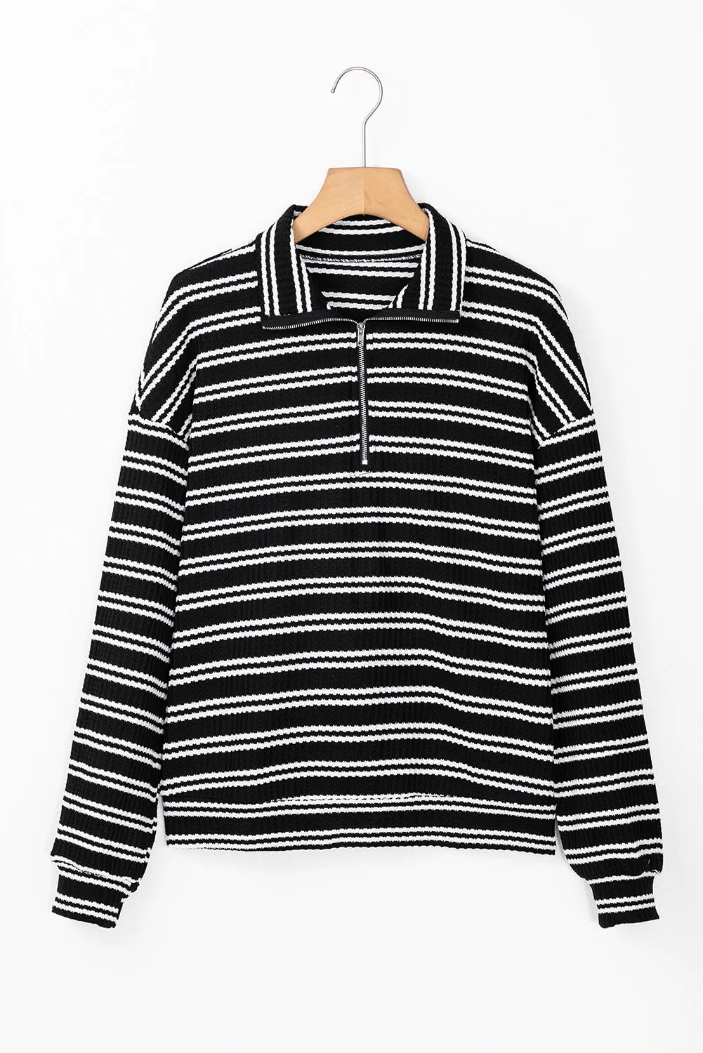 Black Stripe Textured Quarter Zip Collar Long Sleeve Top - Chic Meadow Boutique 