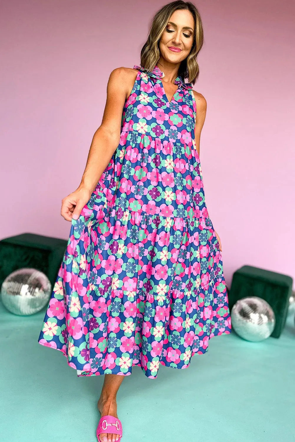 Blue Floral Print Frilly Neck Sleeveless Tiered Maxi Dress - Chic Meadow Boutique 