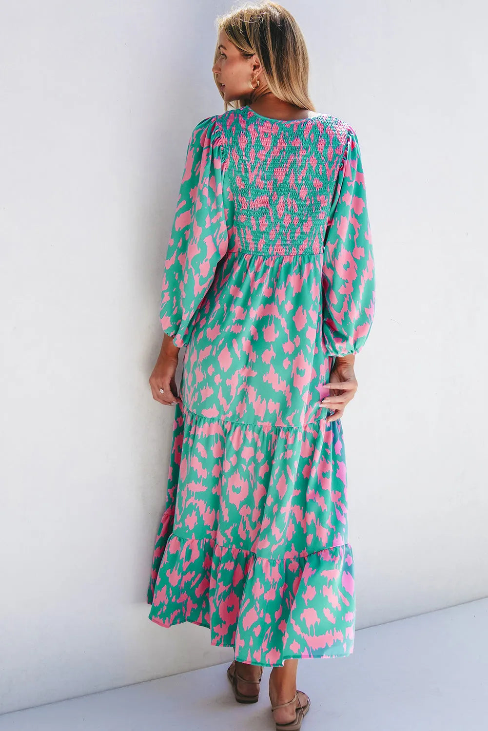 Green Abstract Print Puff Sleeve Tied Notched Neck Long Dress - Chic Meadow Boutique 