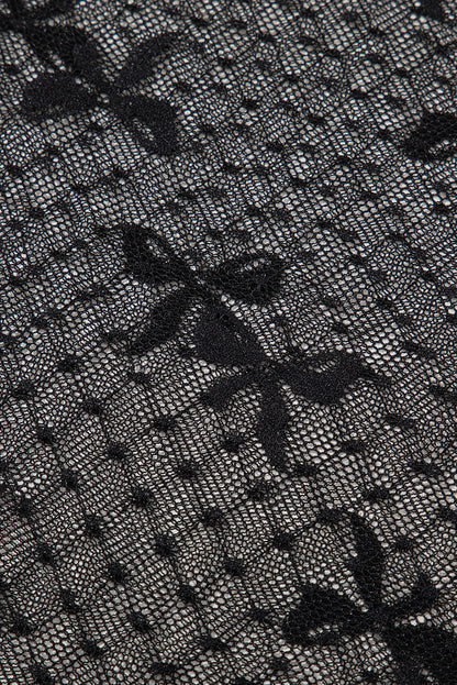 Black Bow Knot Dotted See-through Mesh Patched Slim Fit Blouse