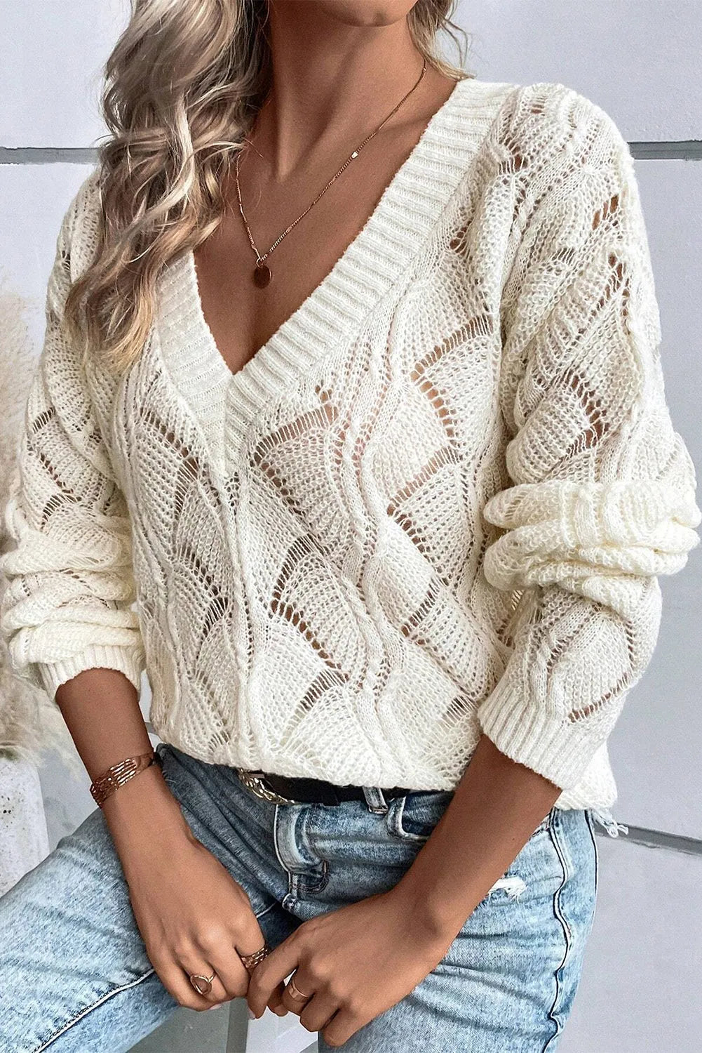 Beige Hollow Out Knit V Neck Drop Shoulder Sweater - Chic Meadow Boutique 