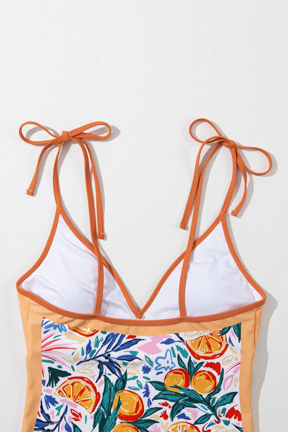 Orange Fruit Plant Print Tied Straps V Neck One Piece Swimsuit - Chic Meadow Boutique 