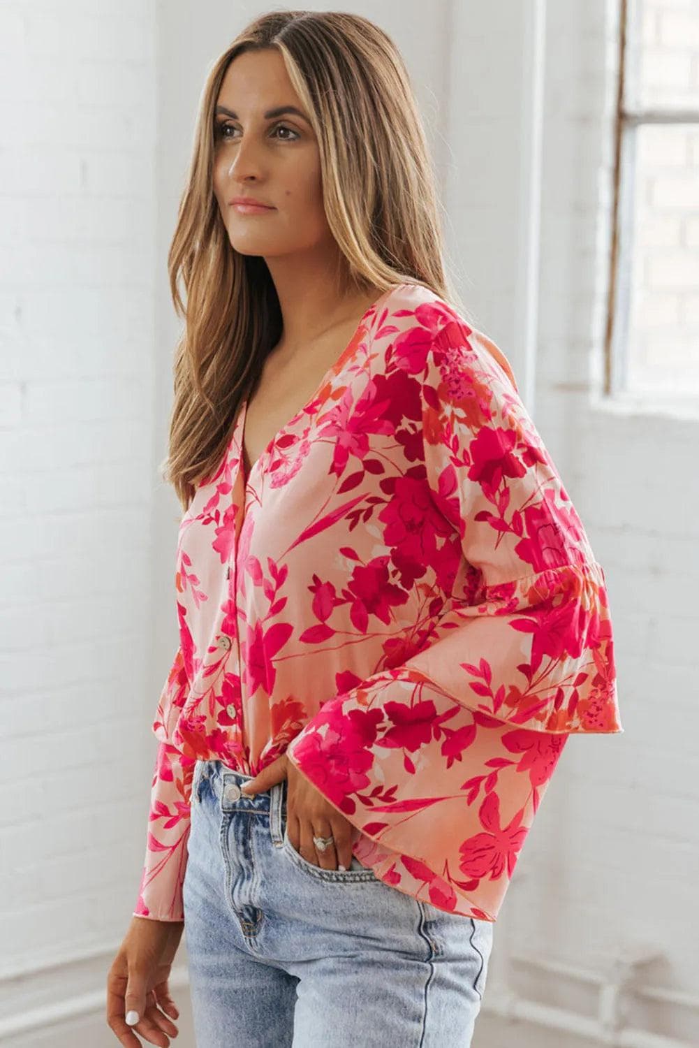 Tops/Bodysuits Pink Floral Print Tiered Bell Long Sleeve Buttoned Bodysuit