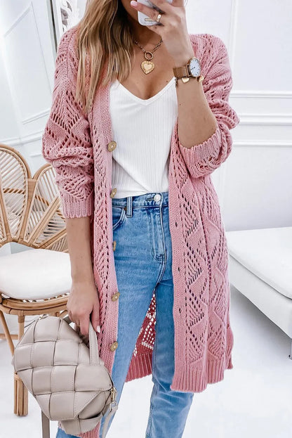 Pink Hollow-out Openwork Knit Cardigan - Chic Meadow Boutique 