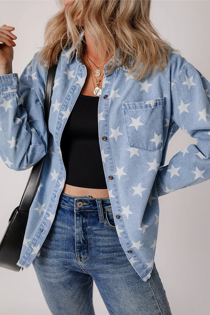 Sky Blue Star Print Light Wash Raw Hem Denim Jacket - Chic Meadow Boutique 