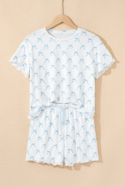 Sky Blue Bow Knot Geometric Print Lettuce Trim Two Piece Lounge Set