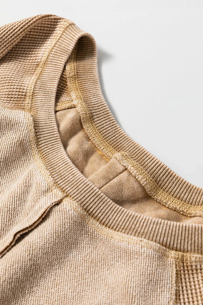 Light French Beige Waffle Knit Patchwork Exposed Seam Raglan Sweatshirt - Chic Meadow Boutique 