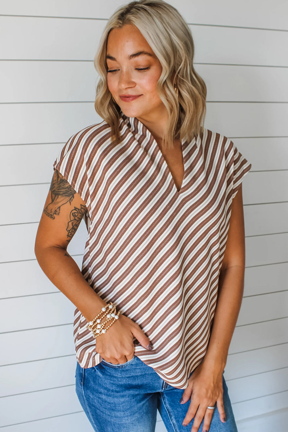 Chestnut Striped Stand V Neck Short Sleeve Blouse