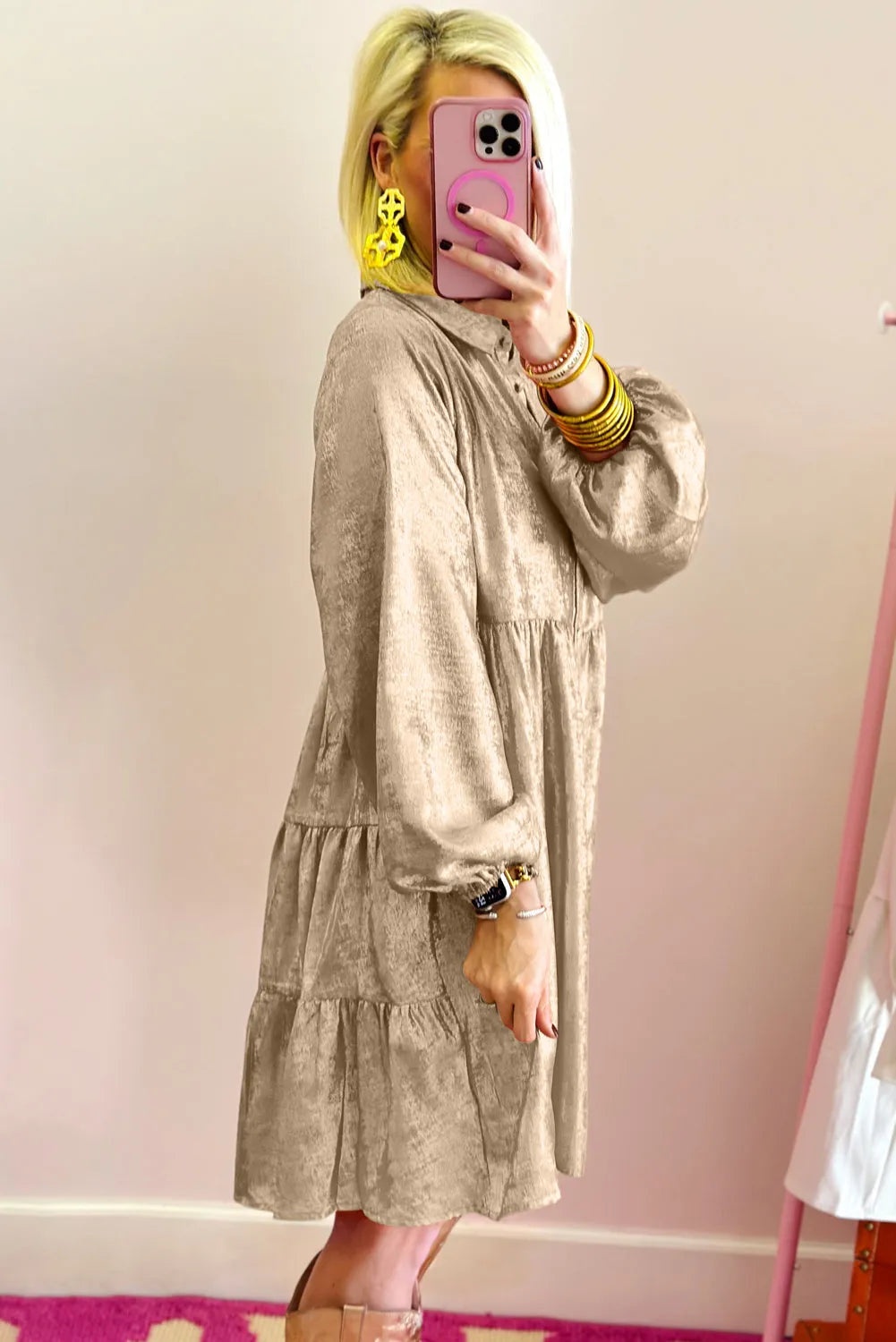 Apricot Metallic Sheen Puff Sleeve Button Up Mini Shirt Dress - Chic Meadow Boutique 