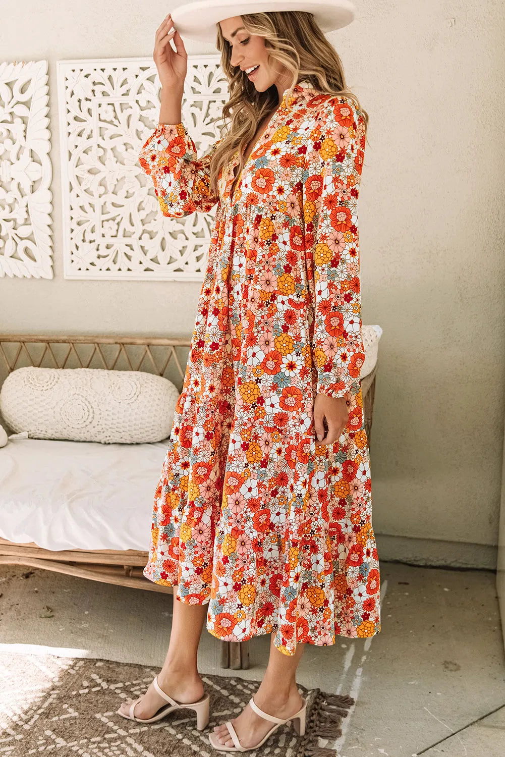 Dresses/Floral Dresses Multicolor Boho Floral Collared Long Sleeve Ruffled Dress