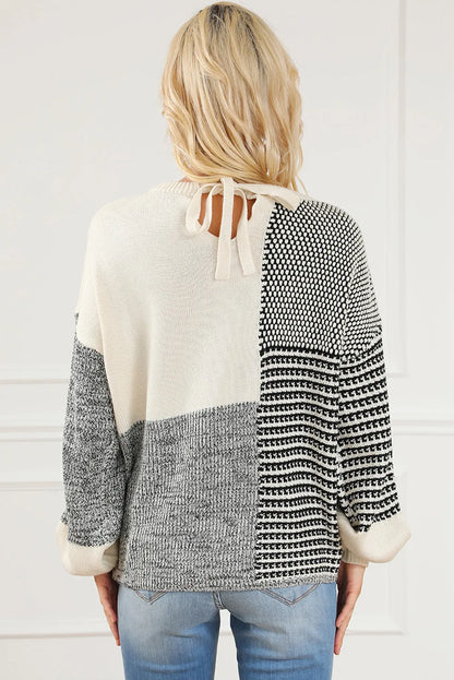 Black Neutral Colorblock Tie Back Sweater - Chic Meadow Boutique 