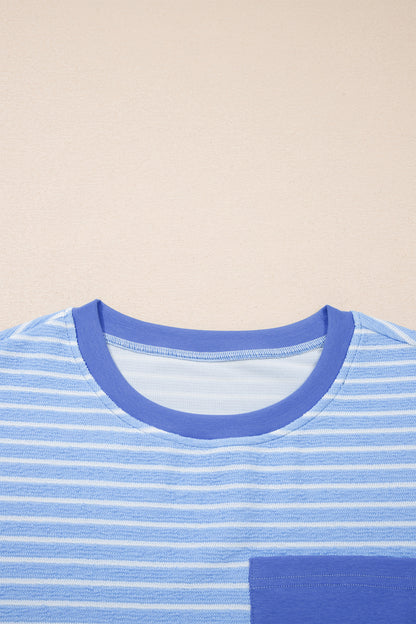 Sky Blue Stripe Crew Neck Tee Drawstring Waist Cropped Pants Set