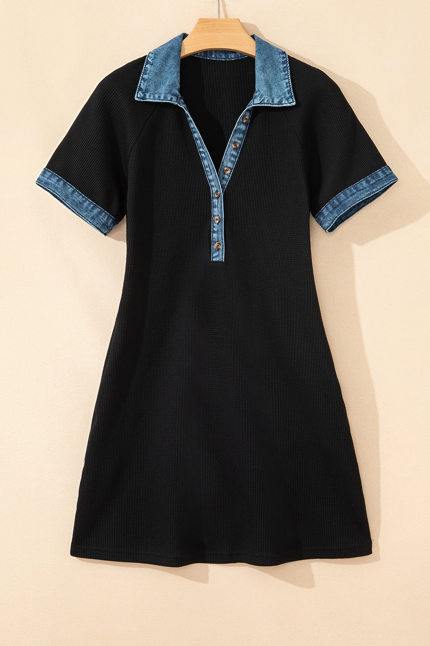 Black Waffle Knit Denim Contrast Trim Patchwork Button Polo Tee Dress