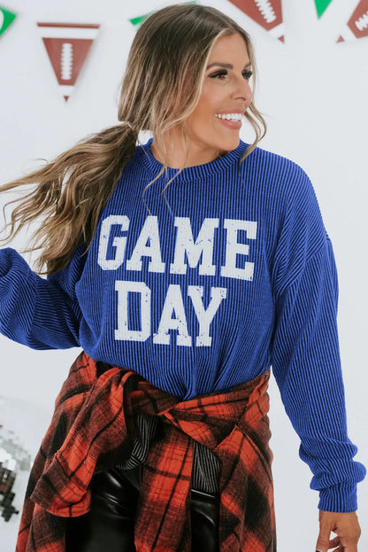 Bluing Corded GAME DAY Graphic Long Sleeve Crewneck Top - Chic Meadow Boutique 