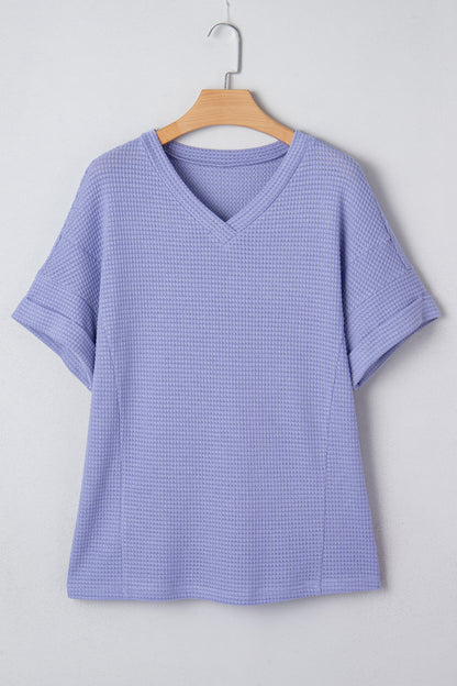 Wisteria Waffle V Neck Short Sleeve Knit Top
