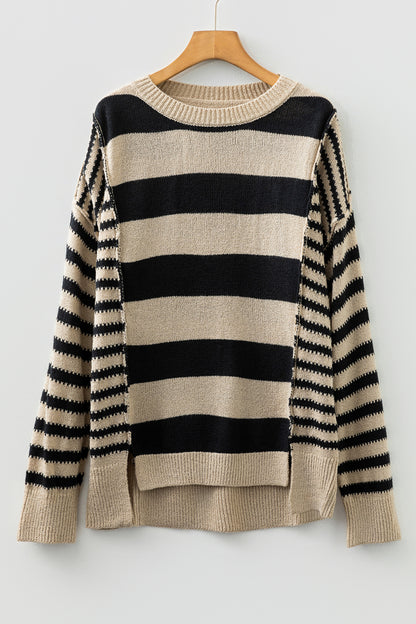 Black Stripe Drop Shoulder Sleeve Patchwork Baggy Sweater