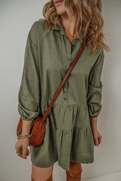 Jungle Green Puff Sleeve Buttoned Tiered Pleated Shirt Mini Dress - Chic Meadow Boutique 