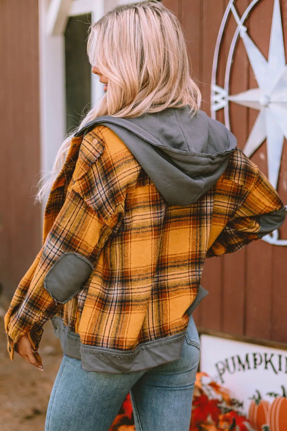 Orange Plaid Patch Hooded Frayed Snap Button Jacket - Chic Meadow Boutique 