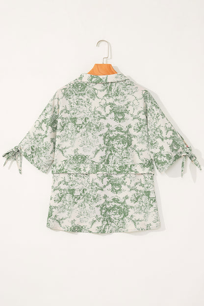 Green Landscape Print Tied 3/4 Sleeve Shirt with Sash