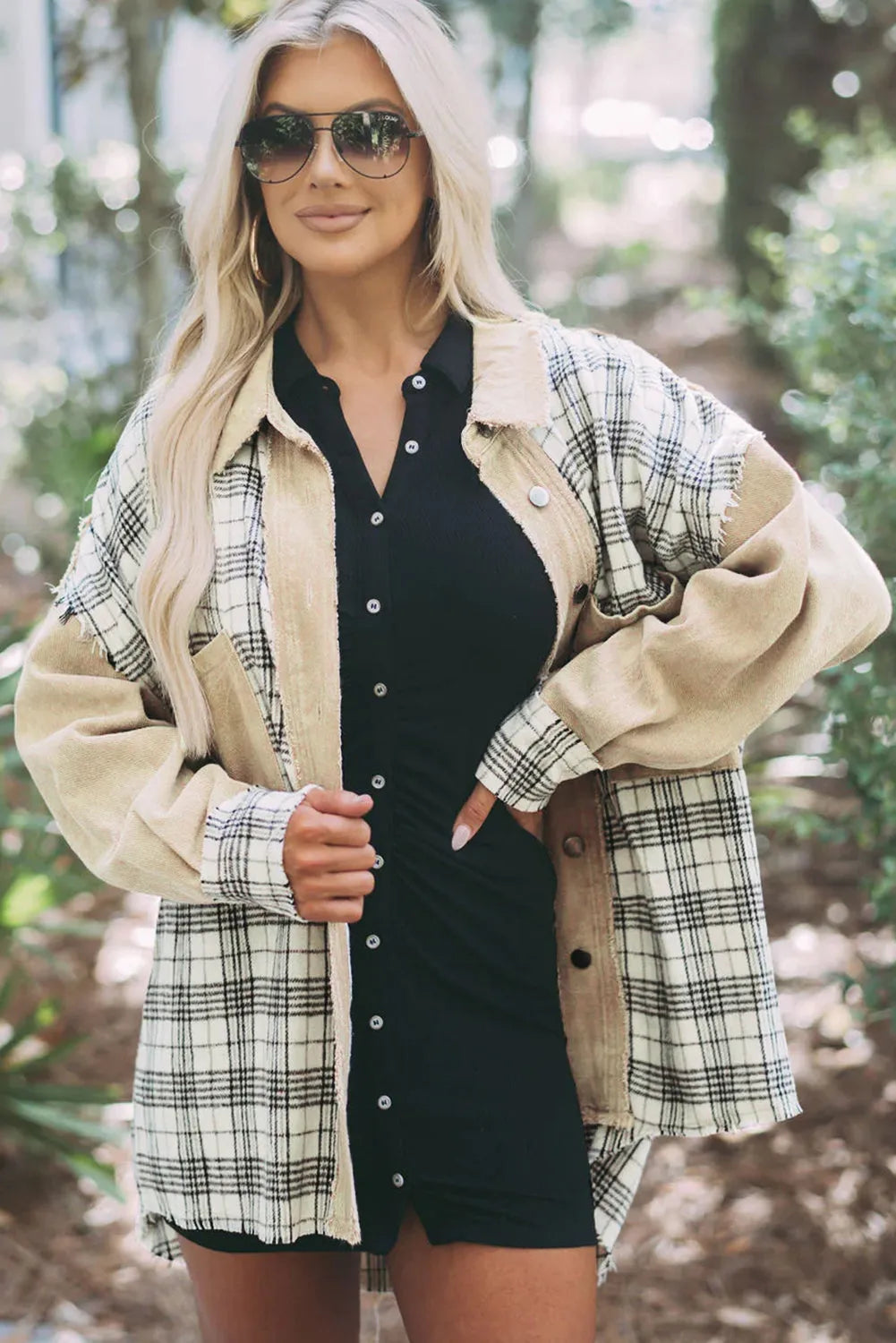 Khaki Distressed Raw Edge Plaid Patchwork Denim Jacket - Chic Meadow Boutique 