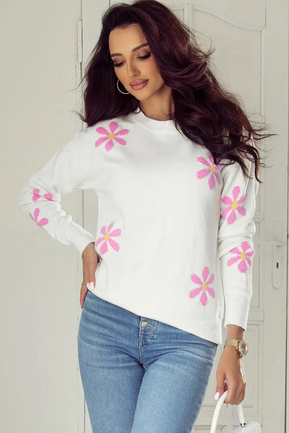 White Flower Pattern Ribbed Edge Elegant Sweater - Chic Meadow Boutique 