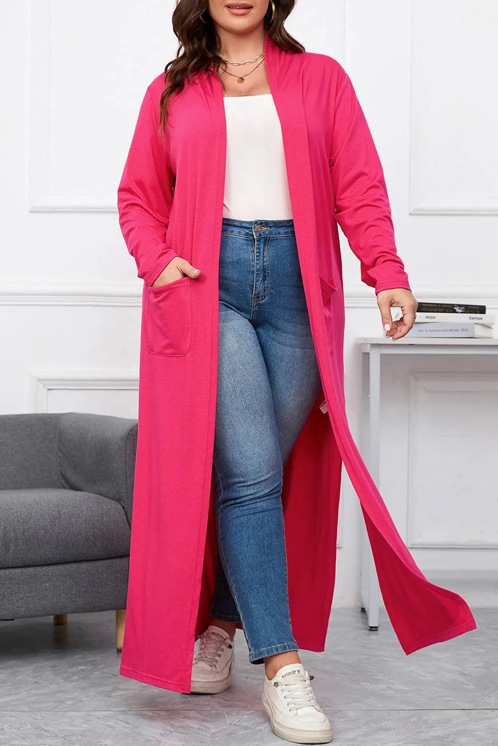 Strawberry Pink Plus Size Side Split Pockets Duster Cardigan - Chic Meadow Boutique 