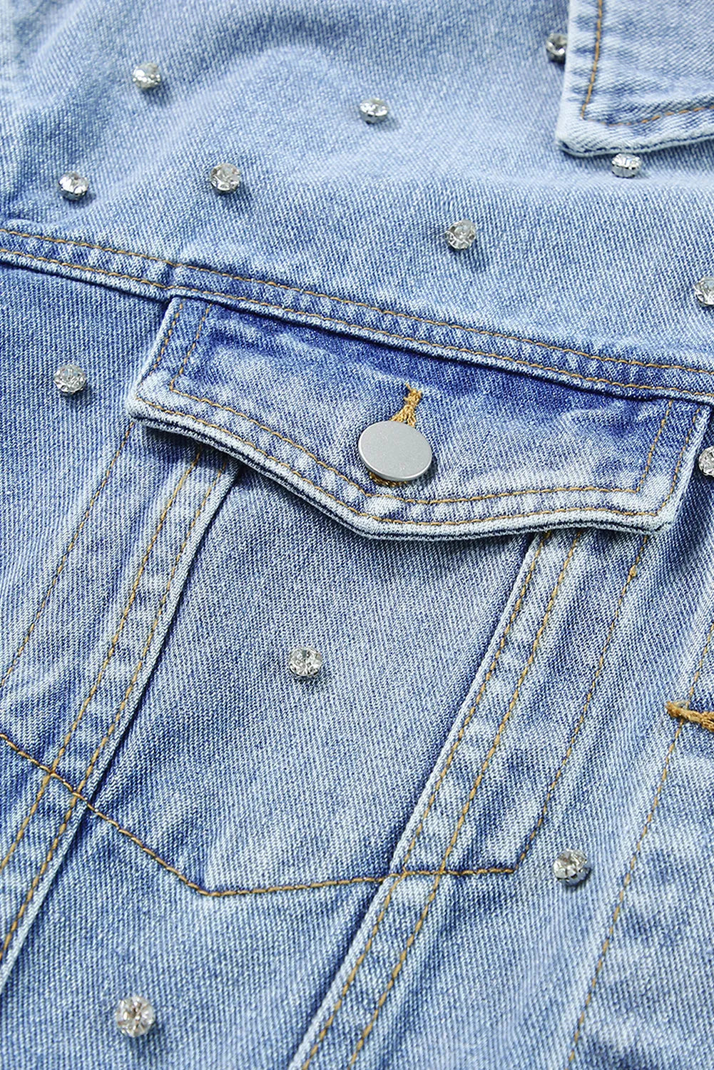 Mist Blue Rhinestones Studded Denim Jacket - Chic Meadow Boutique 